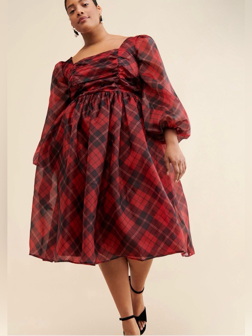 Anthropologie Eloquii Plaid Puff Sleeve Midi Dress - Picture 2 of 5